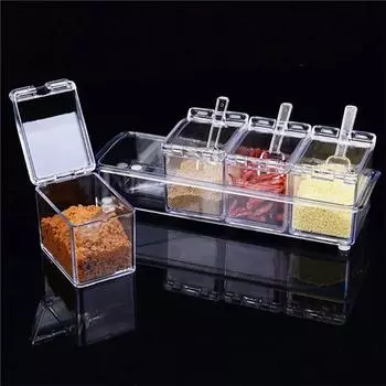 2025 New 4 Pieces Kitchen Clear Seasoning Box Storage Container Condiment Jars Acrylic Seasoning Box with Cover and Spoon