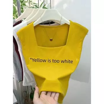 2025 New Ankela Red Pure Cotton Square Collar Sleeveless T-shirt Women Summer Age-Reducing Western Style Solid Vest Top Fashion Yellow M