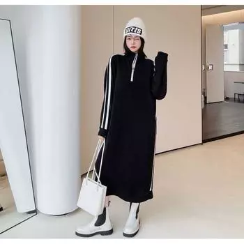 2025 New Arrival Casual Korean Style Overknee Long Sleeve Pullover Dress Autumn and Winter Loose Slimming Youthful-Looking Plus Size Dress Women Black XL