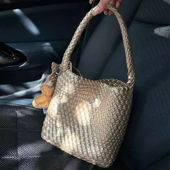 2025 New Arrival Champagne Woven Bag Women s Large Capacity Work Clothing Satchel Shoulder Bag Idle Style Fancy Tote Bag Champagne small size