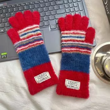 2025 New Arrival Cute Rainbow Stripes Finger Gloves Female Fall and Winter Cycling Windproof Open Finger Touch Screen Thickened Heattech Red and Blue Stripes ST24 finger gloves All yards