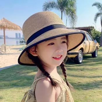2025 New Arrival Girl Summer Sun Hat Kids Baby Beach Travel UV Protection Bucket Hat Straw Hat Khaki 2-9 years old/head circumference 47-54cm
