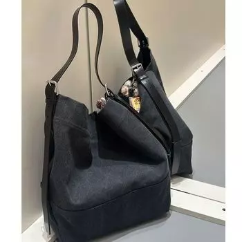 2025 New Arrival Jennie Same Style Lazy Loose Canvas Shoulder Tote Bag Women s Large Capacity Work Clothing Bucket Bag Black gray canvas + cowhide shoulder strap