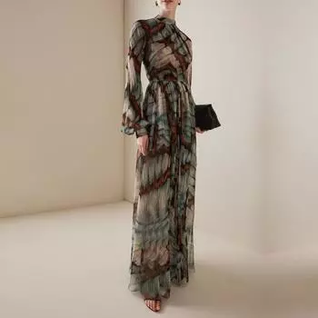 2025 New Arrival Long Sleeves Elegant Dress Lantern Sleeve Classy Silm Print Long Dress Court Retro Stand Collar Skirt Flower color S