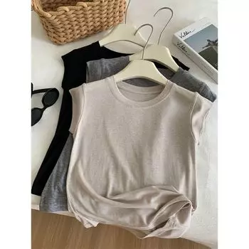 2025 New Arrival Shoulder Pure Cotton Thread Flying Sleeve T-Shirt Female Summer Small Slim-Fit Crop-Top Inner Match Slimming Oatmeal color M