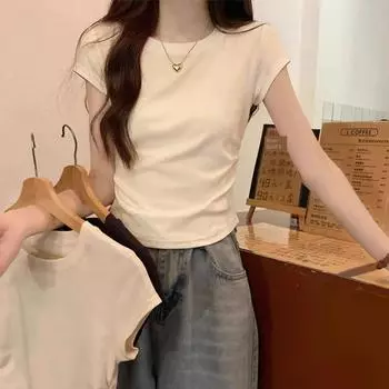 2025 New Arrival Summer Shoulder Small Asymmetrical Short Model in White Color Short Sleeve T-Shirt Women s Top Dignified Sense of Design Apricot color XL