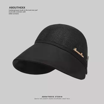 2025 New Arrival Women s K-style Widened Sun-Proof Peaked Cap Casual Face-Looking Small Sun-Covering Bucket Hat Breathable Straw Hat Full top straw metal logo [black] can be hung mask