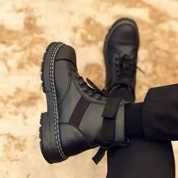 2025 new autumn and winter velvet Martin boots men s platform casual high-top men s shoes tooling boots black leather boots 39