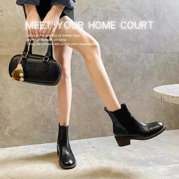 2025 new autumn and winter versatile British style simple splicing Martin boots thick heel round head comfortable soft sole small short boots 34 чёрный