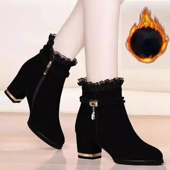 2025 New Autumn Fashion Boots Women Fur Winter Warm Pointed Ankle Boots Sexy High Heel Rhinestone Decoration Zipper Women Boots 35