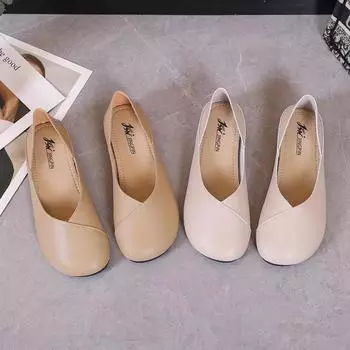 2025 new autumn flat-soled single shoes women s soft leather simple shallow mouth square head grandma shoes casual retro one-pedal lazy 35 хаки