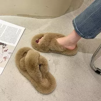 2025 new autumn rabbit hairy drag lazy plush cotton drag cross hairy slippers women wear Internet celebrities of the same style women 35 жёлтый