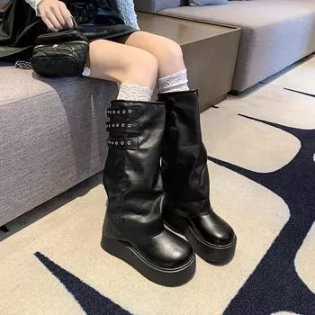 2025 new autumn thin with skirt thin long boots black high-end thick-soled heightening fashion boots women 34