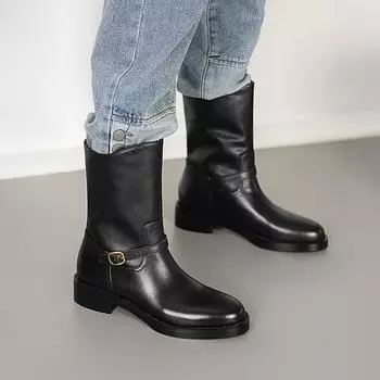 2025 New Autumn Winter Genuine Leather Women Mid-Calf Boots Thick Heels Round Toe Basic Office Lady Four Season Shoes Woman 34 чёрный