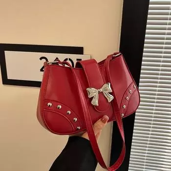 2025 new baguette bag, rivet fashion, underarm small square bag, bow bag, female bag, shoulder bag. белый