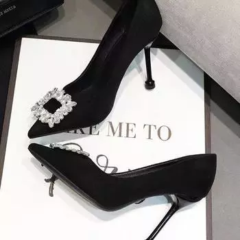 2025 new black high heels cut men s thin heels pointed rhinestones word with hollow temperament socialite single shoes women 34