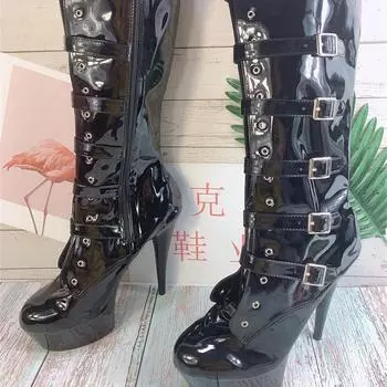 2025 new black round head women s adhesive sole super high heel fashion women s shoes order self-inspection tall British fashion boots 34 чёрный