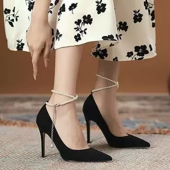 2025 new black suede high heels women s thin heels temperament socialite pearl buckle with pointed single shoes fairy style 34