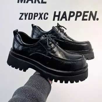 2025 New Brown Leather Men Trendy American Style Height-Increasing Chunky Stylish Thick Sole Hot-Selling Derby Shoes 39