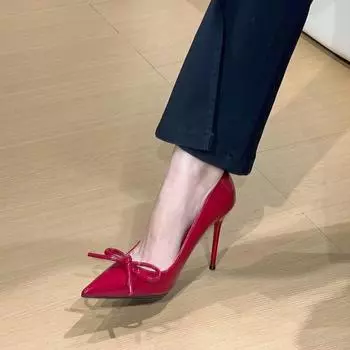 2025 new burgundy bow French gentle evening high heels women s patent leather temperament shallow mouth stiletto shoes 34 бордовый