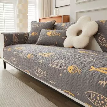 2025 New Cartoon Cotton Sofa Cushion All Year Round Neutral Non-Slip Seat Cushions Pure Cotton Fabric Craft Slipcover Cover Towel Scandinavian Fish fun 70*70cm(Leaflet)