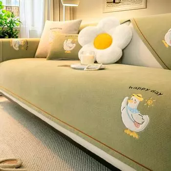 2025 New Chenille Cartoon Embroidery Cute Duck Four Seasons Universal Solid Color Modern Sofa Cover Living Room Sofa Mat Home 70x70cm