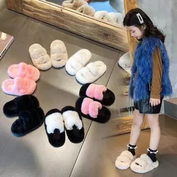 2025 new children s children s parent-child fluffy slippers women s outer wear help surface imitation rabbit fur style large size home warmth 2627