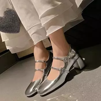 2025 New Double Crystal Square Buckle Straps Block Heel Pumps Mary Jane Black Square Toe Woman Lolita High Heels Woman 35 чёрный