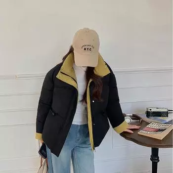 2025 new down cotton jacket women s short stand-up collar loose contrast thickened loose warm bread jacket Korean version of jacket M