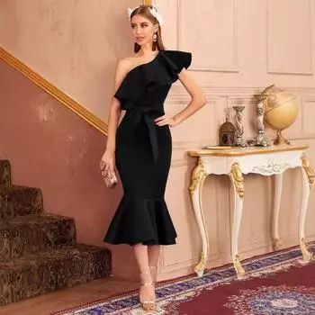 2025 new dress black medium and long dress diagonal shoulder style temperament through mid-waist dress S чёрный
