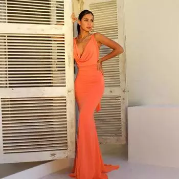 2025 new dress, sexy slim dress V-neck dress S оранжевый