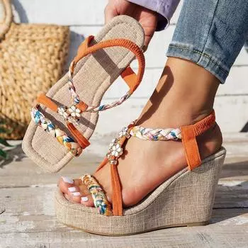 2025 New Elastic Band Thick-soled Wedge Heel Sandals women s High Heels with Hemp Rope Woven Soles Bohemian Vacation Beach Shoes 35 оранжевый