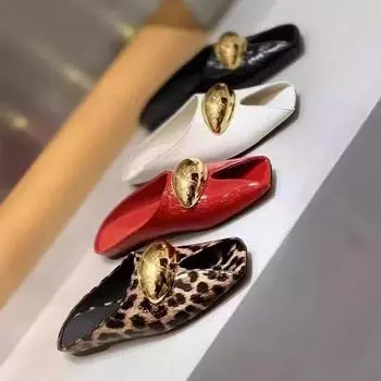 2025 new elegant temperament metal buckle triangle fish mouth slippers fashion flat shoes sandals female 35 чёрный