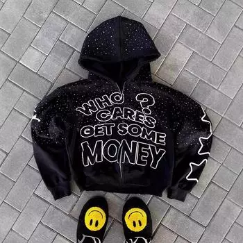 2025 New European and American Dark Wind 3D Digital Printed Hoodies with Premium and Loose Hip-hop Cardigan Tops Retro Y2k Hooded Sweaters XS чёрный