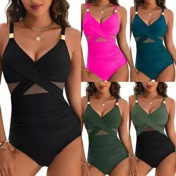 2025 Новый европейский и американский глубокий V-образный вырез, сетчатая строчка, открытая спина, сексуальный цельный женский купальник S чёрный