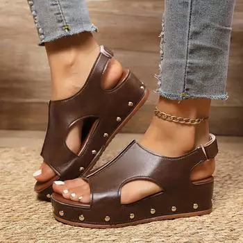 2025 new European and American muffin thick-soled high-heeled sandals women s Velcro large-size rivets flat-bottomed fish mouth sandals 36 чёрный