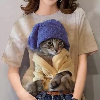 2025 New European and American Women s Round Neck T-shirt Cute Cat Pattern 3D Printed Short Sleeve Comfortable Casual Top XXS