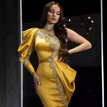 2025 new evening dress women s clothing gold-sprinkled turtleneck dress banquet dress S жёлтый