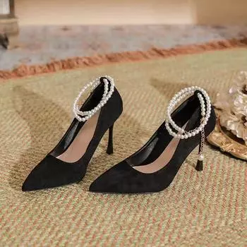 2025 new fairy style black suede high heels women s thin heels temperament socialite pearl buckle belt pointed single shoes 34