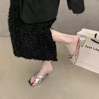 2025 new fairy style bow cool slippers outer wear summer with skirt square head thick heel silver sandals women 35 розовый