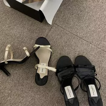 2025 new fairy style French sandals outer wear summer word with bow thin heel elegant high heel slippers women 35 чёрный