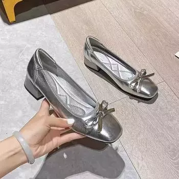 2025 new fairy style French with skirt elegant square head shallow mouth short heel shoes bow one pedal Doudou shoes 35