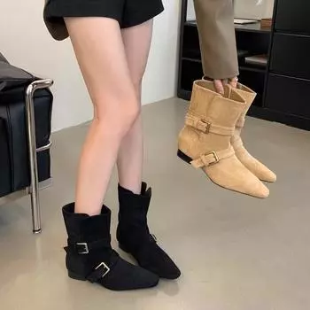 2025 new fashion design khaki suede leather buckle strap pointed toe boss boots punk style goth square heel women shoes 35 хаки
