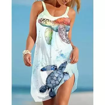 2025 New Fashion Women Hawaiian Beach Strap Dress Elegant Printed Turtle 3D Print Summer Midi Bohemian Dresses Sleeveless Party S