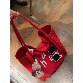 2025 New Fashionable Simple Letters All-Match New Year Red Bag Handbag Large Capacity Commuter Canvas Bag Tote Bag Red