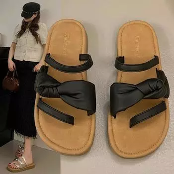 2025 new fashionable summer flat-bottomed cool slippers women s outerwear holiday versatile bow student seaside beach shoes 35