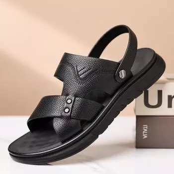 2025 new first-layer cowhide sandals men s breathable leather beach shoes casual soft sole middle-aged and elderly dad men s shoes 38