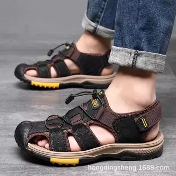 2025 new first-layer cowhide summer men s sandals leather bag head beach shoes non-slip breathable sports shoes 38 темно-коричневого