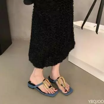 2025 new flat bottomed casual square toe flip flops with clipped toes Small niche metal square buckle fashionable women s shoes 35