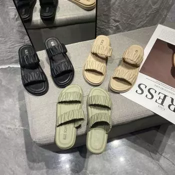 2025 new flat-bottomed slippers women s summer Internet celebrity outer wear fashion Korean version of one-word soft-bottomed beach cool slippers 36 чёрный